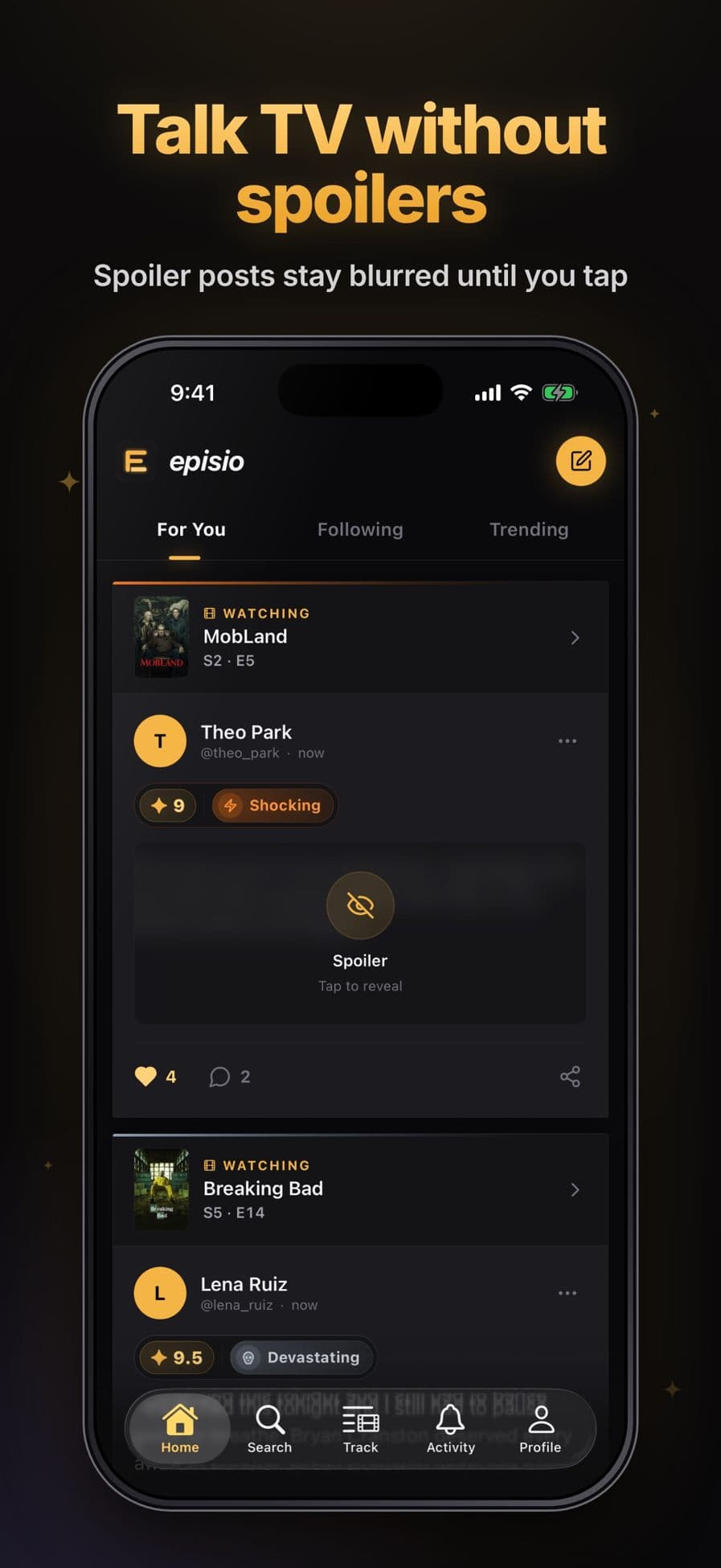 Episio social feed with a blurred spoiler post