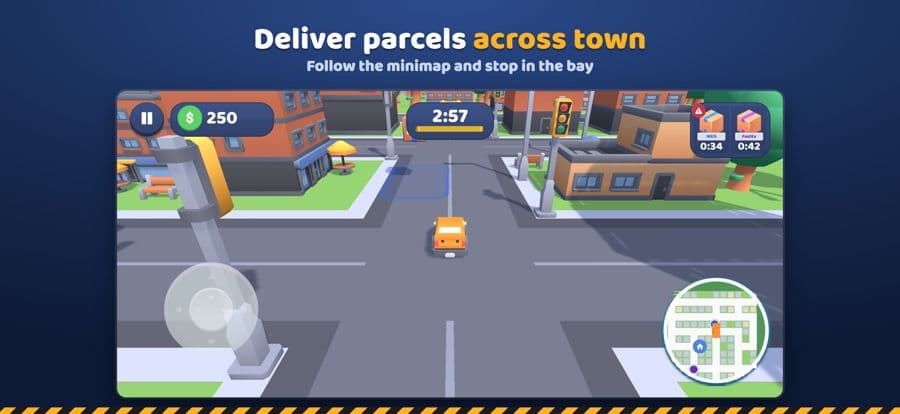 Parcelo delivery shift with a timer, minimap, and parcel bay