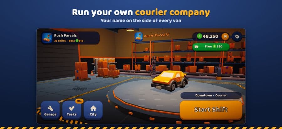 Parcelo warehouse showroom with garage, tasks, and city upgrades